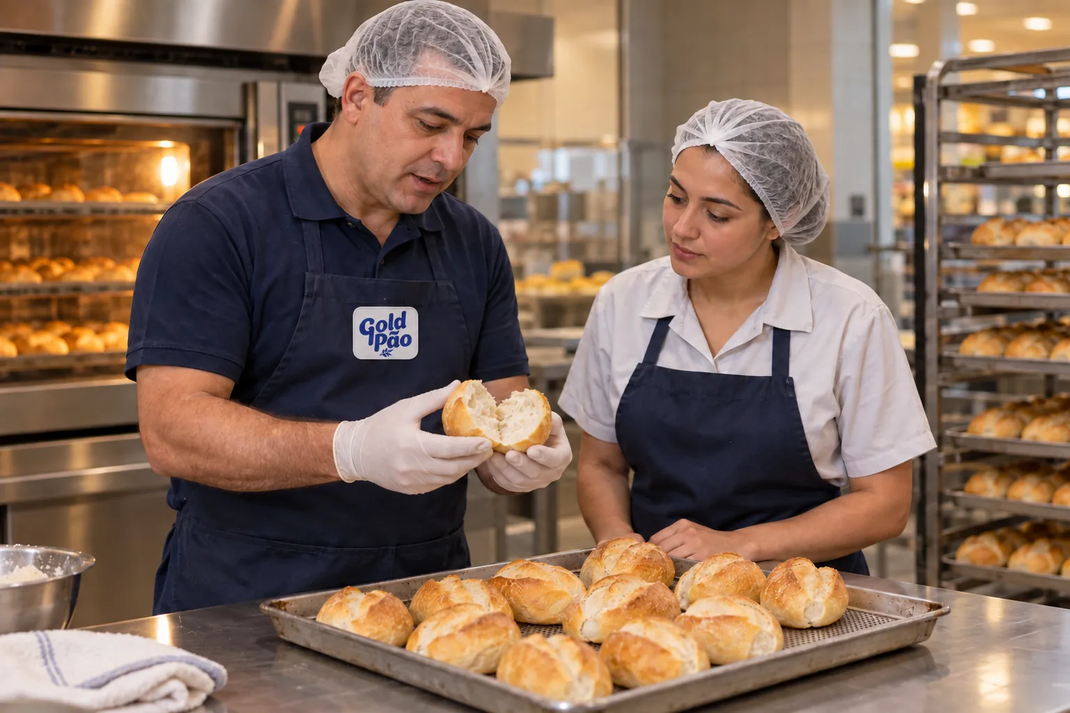 Cena ilustrativa de um técnico com a marca Gold Pão no avental orientando uma integrante da equipe de padaria sobre o preparo de pão francês